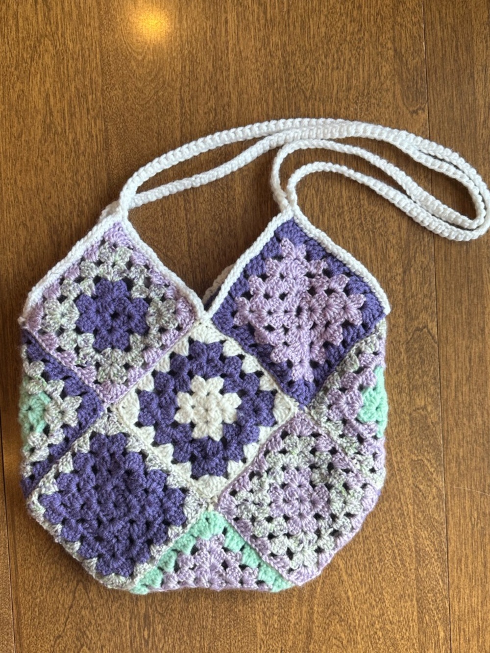 Handmade Crochet Granny Square Lined Purple Mint & White Tote Bag